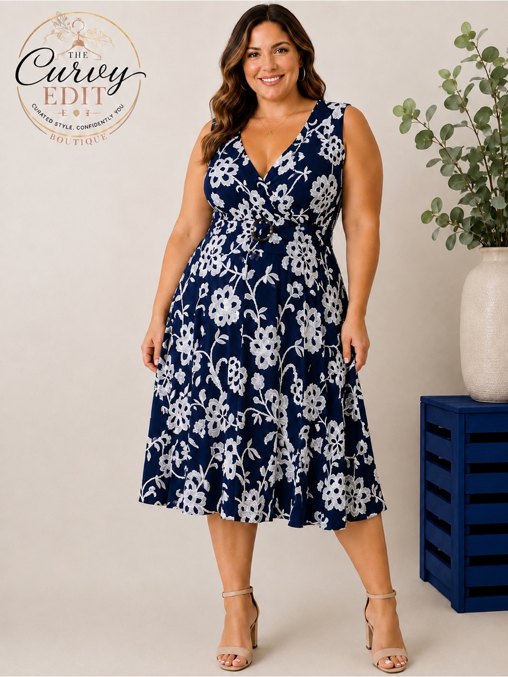 NWT Cardalite Women 1X Navy and White Floral Midi Dress Classic Feminine Flowy